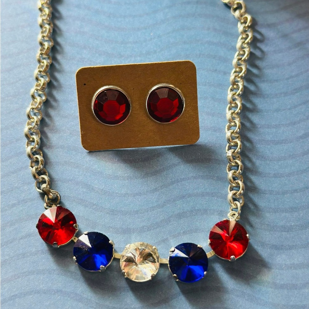 Elegant Silver Necklace and Earring Set with Red and Blue Accents